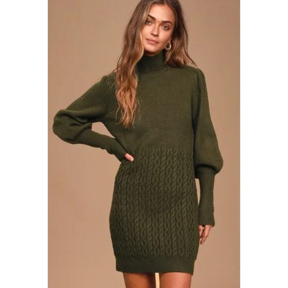 Lulu's Fresh Perspective Olive Green Cable Knit Sweater Dress Small Holiday Xmas - Picture 1 of 7